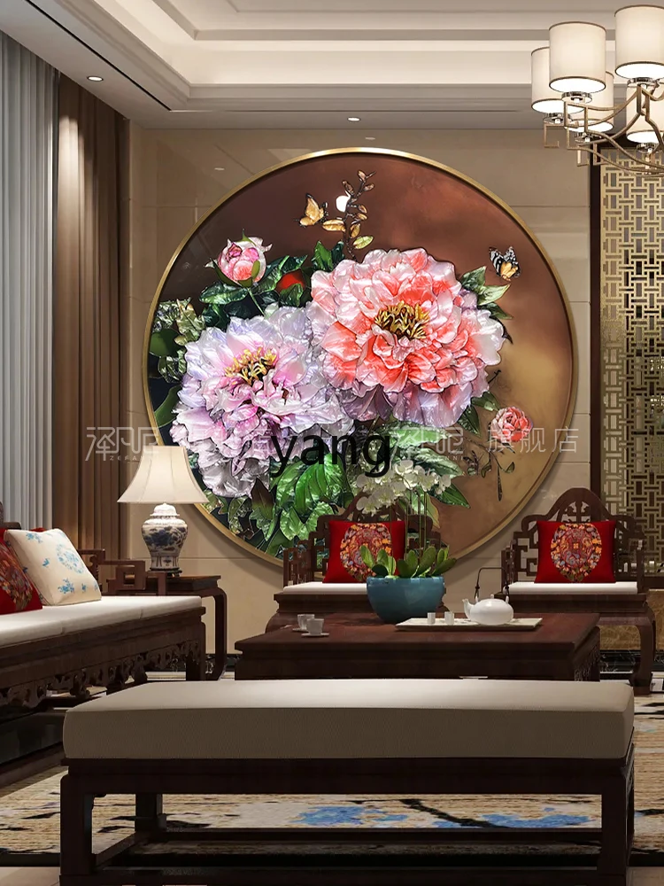 L'm'm Hallway Living Room Mural Light Luxury New Chinese round Peony Hanging Painting Chinese Style