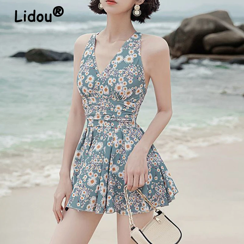 2023 Women Floral Print Ruched Sweet One Piece Swimsuit Summer V Neck Push Up Sexy Beach Mini Dress Swimwear Slim Bathing Suits