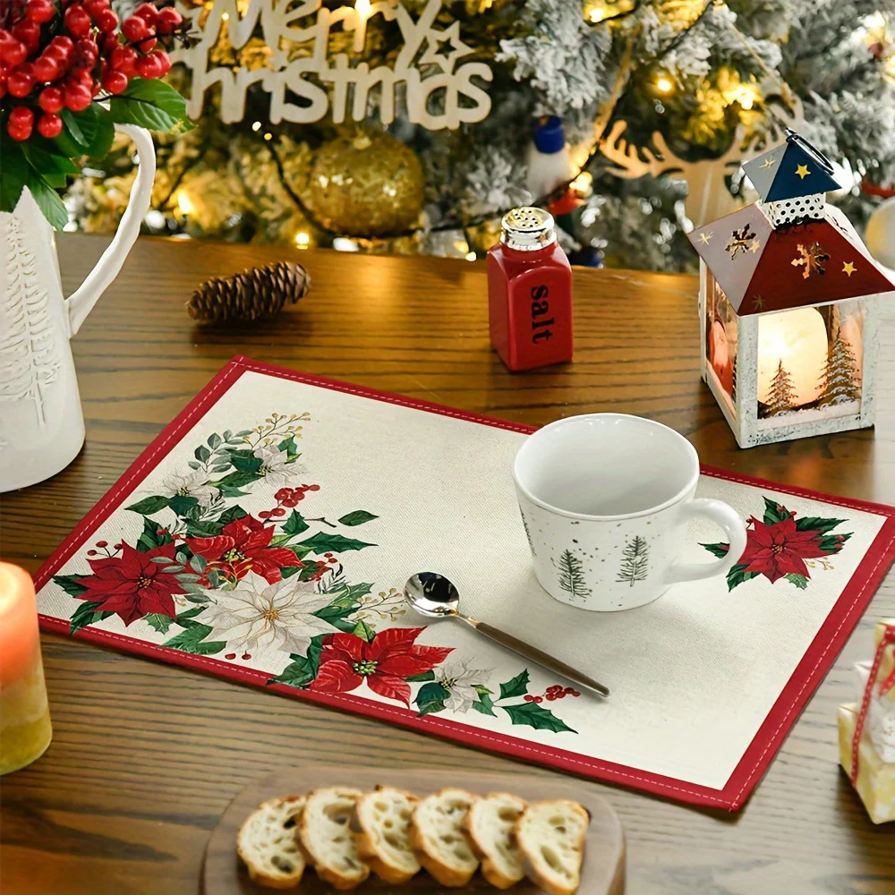 4-piece set of beige leaf Christmas potted plant placemats, 12x18inch seasonal winter party kitchen table decoration