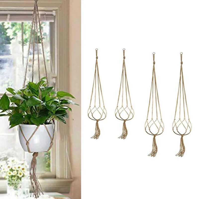 4PCS Jute Rope Plant Holders Plant Flower Pot Hangers Hanging Decor Knotted Lifting Rope Home Garden Supplies