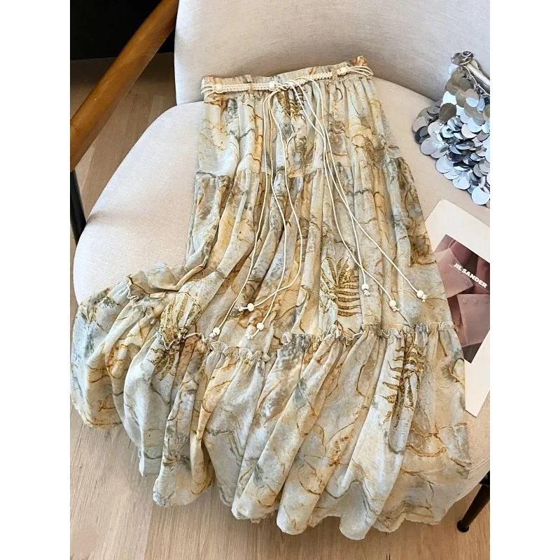 Vintage Ethnic Yellow Tie-dye Print Tiered Chiffon Midi Skirt High-waisted Flowy Skirt Tassel Belt Women Cottagecore Fairy Wear