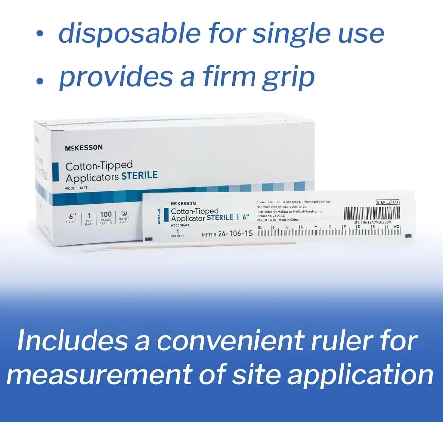 Cotton Tipped Applicator 6 in [100 Count] Long Sterile Medical Swabs Individually Wrapped Wood Shaft