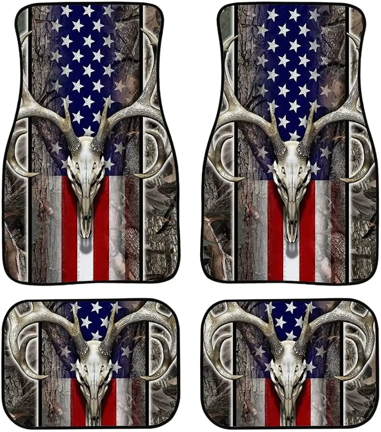 LedBack American Flag Wood Deer Skull Camo Universal Fit Front Rear Auto Floor Mats 4pcs Full Set Rubber Backing Car Carpet Floo