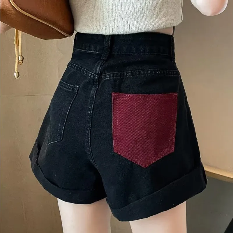 Retro Contrasting Denim, Women\'s Irregular Pocket Design, Tassel Shorts, Small Tall Waist, Spicy Girl Hot Pants, Summer