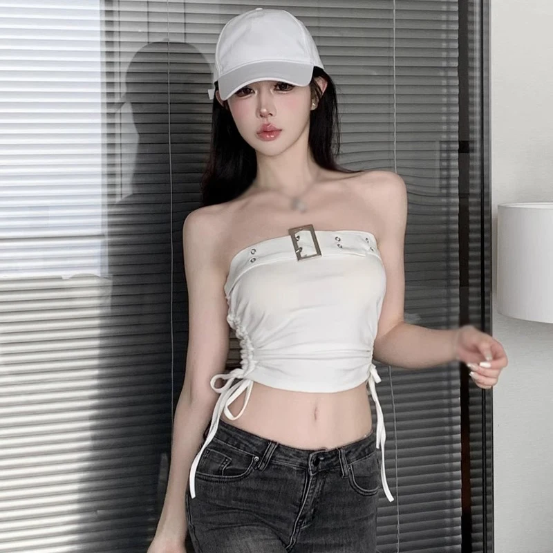 Women\'s Crop Top Short Tube Top Summer Solid Colour Korean Version.