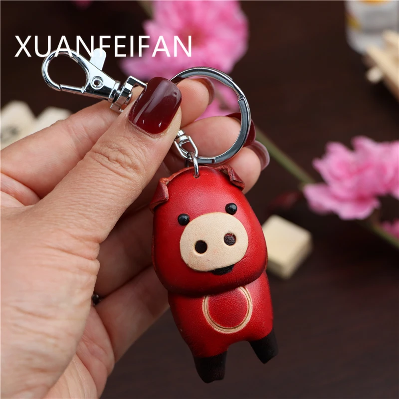 Head Layer Cowhide Piggy Keychain Pendant Motorbike Car Key Chain Accessories Bag Small Pendant Cute Tide Ride