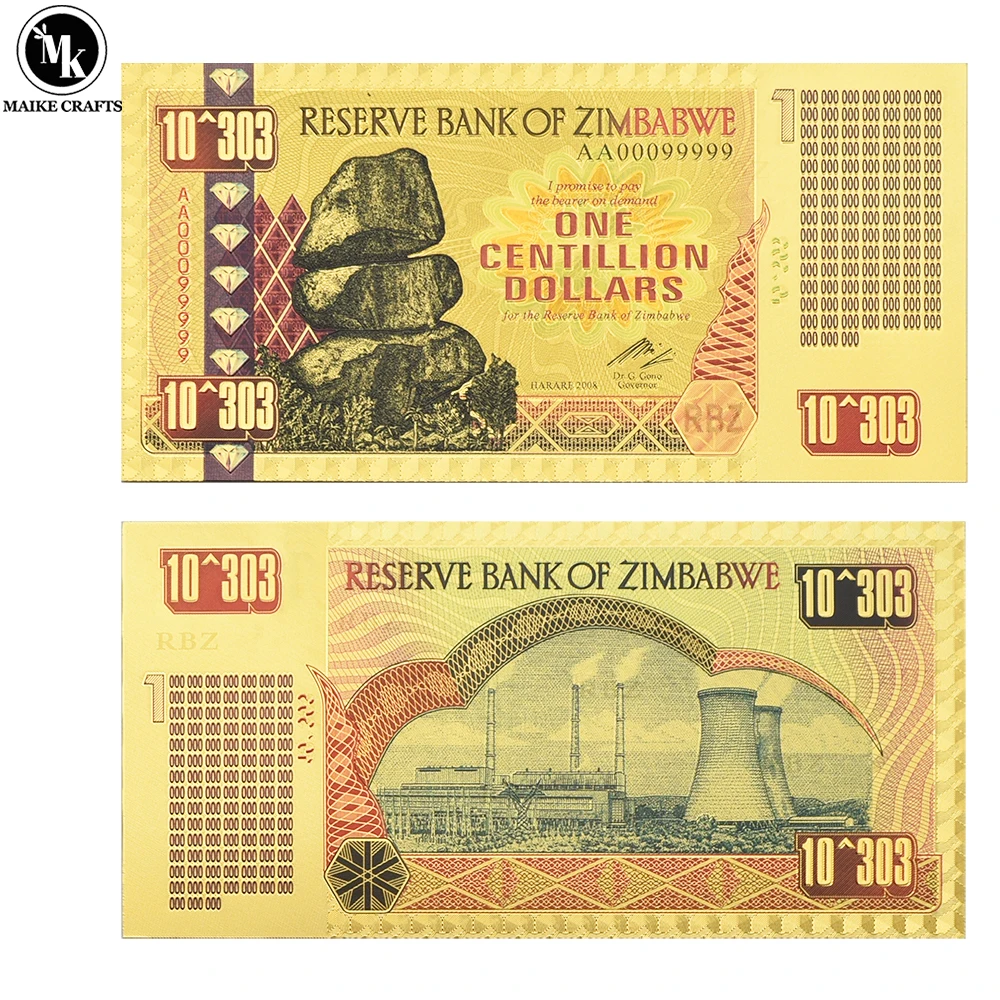 One Centillion Dollars Zimbabwe Gold Foil Banknote with UV 10 ^ 303 Money Collection Holiday Gift