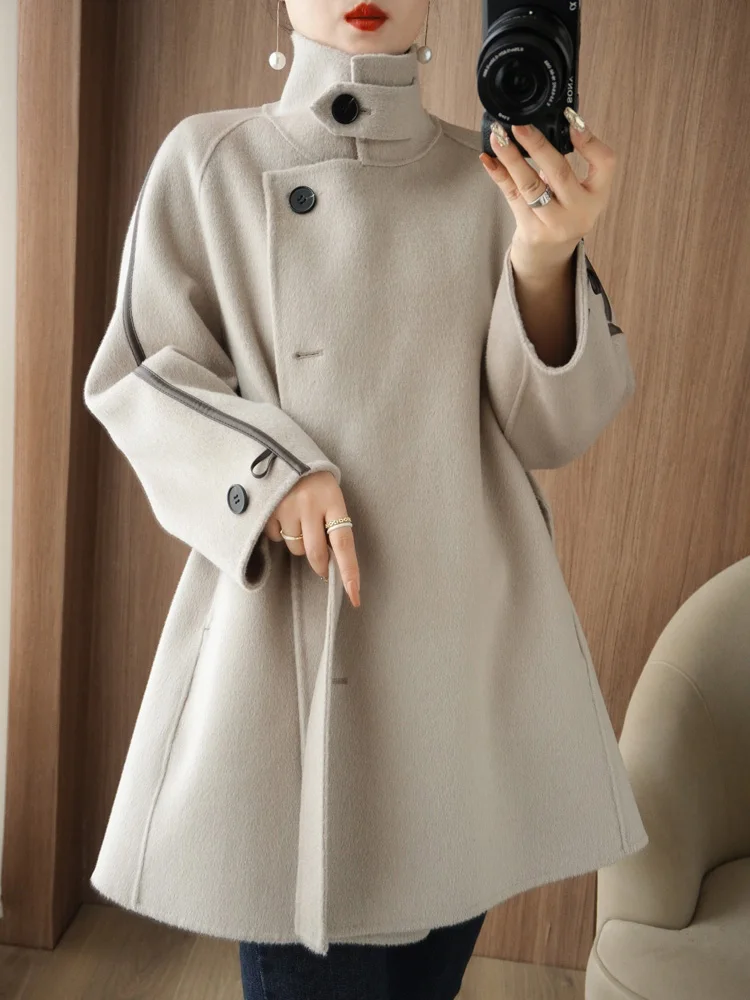 2024 Autumn/Winter New 100%Pure Wool Standing CollanDouble sided Cashmere Coat Women\'s Waist Slim Lace UpWool Coat Top