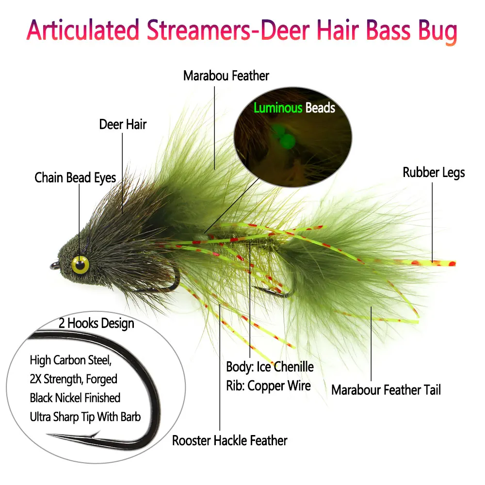 Bimoo 1PC Articulated Streamer Fly Deer Hair Bass Bug Fish Spine Fly BaitFish Big Game Fish Pike Trout Bass Sea Fishing Lures