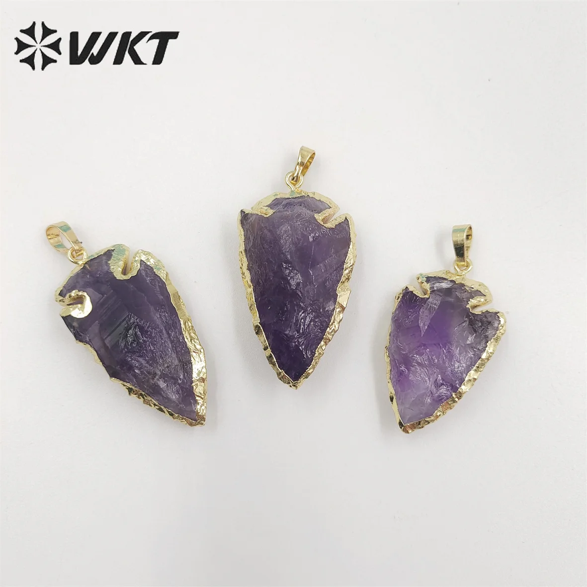 

WT-P1851 WKT high quality Hammer raw Amethyst Arrowhead pendant 18k gold plated handmade carved spear stone pendants