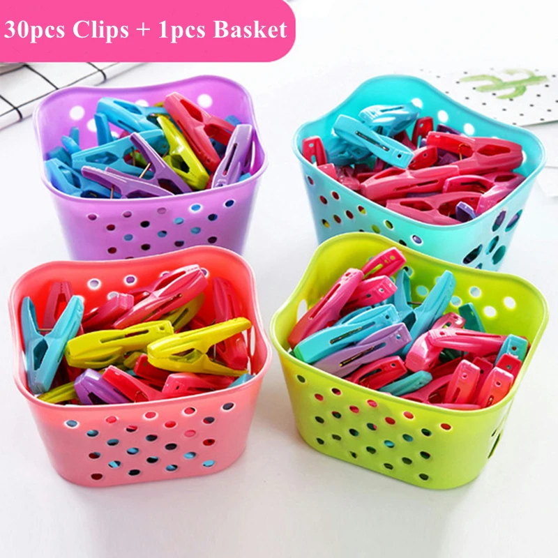 30Pcs Plastic Clothes Pegs Laundry Clothespin Clothes Pins Storage Organizer Quilt Towel Clips Spring With Basket Cabides Hanger