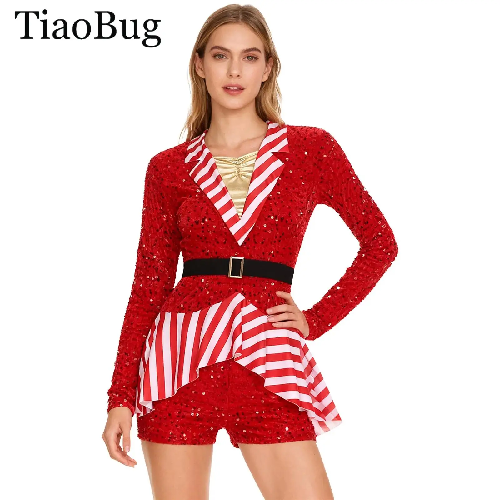 

Women Christmas Candy Cane Cosplay Costume Striped Sequin Shorty Unitard Velvet Boyshorts Bodysuit Xmas Santa Ballet Jumpsuit