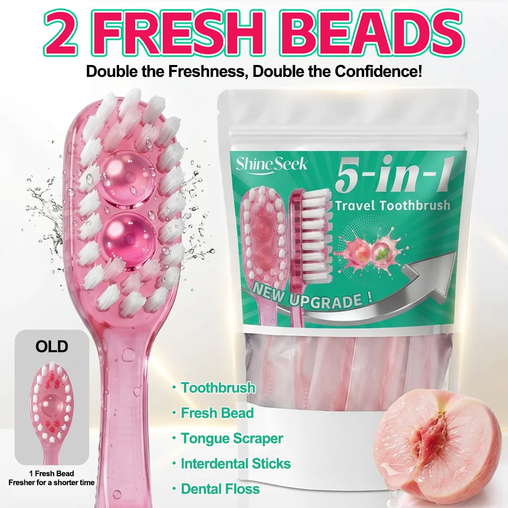 5Pcs Large Capacity Set, 5-in-1 Multifunctional Toothbrush Care Set with Peach Mint Flavor, Includes Two Freshening Beads + Toothbrush + Dental Floss + Interdental Cleaning Stick + Tongue Scraper, Convenient and Soft, Soft Bristle Design, Teeth and Gum Care |   Travel Essentials |   Individually Packaged |   Soft |   Mint Flavor |   Travel Toothbrushes Are the Best Choice for Smart Families!