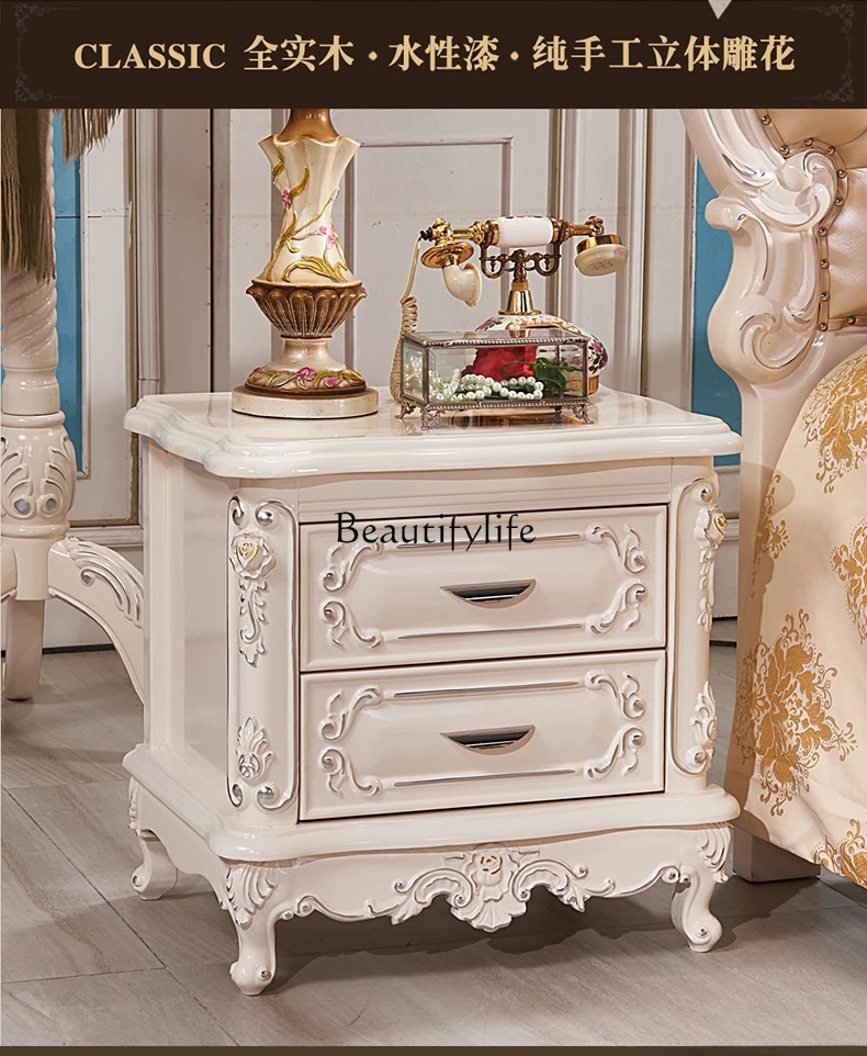 European bedside table, American master bedroom solid wood carving flower double pumping storage cabinet solid wood