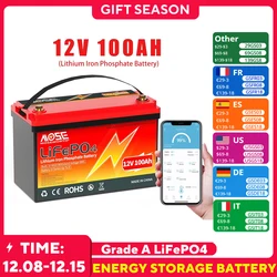 LiFePO4 Battery 12V 100Ah 12.8V Lithium Bluetooth BMS 6000+ Cycles Grade A Rechargeable Batteries Bateria For RV Boat EU No Tax