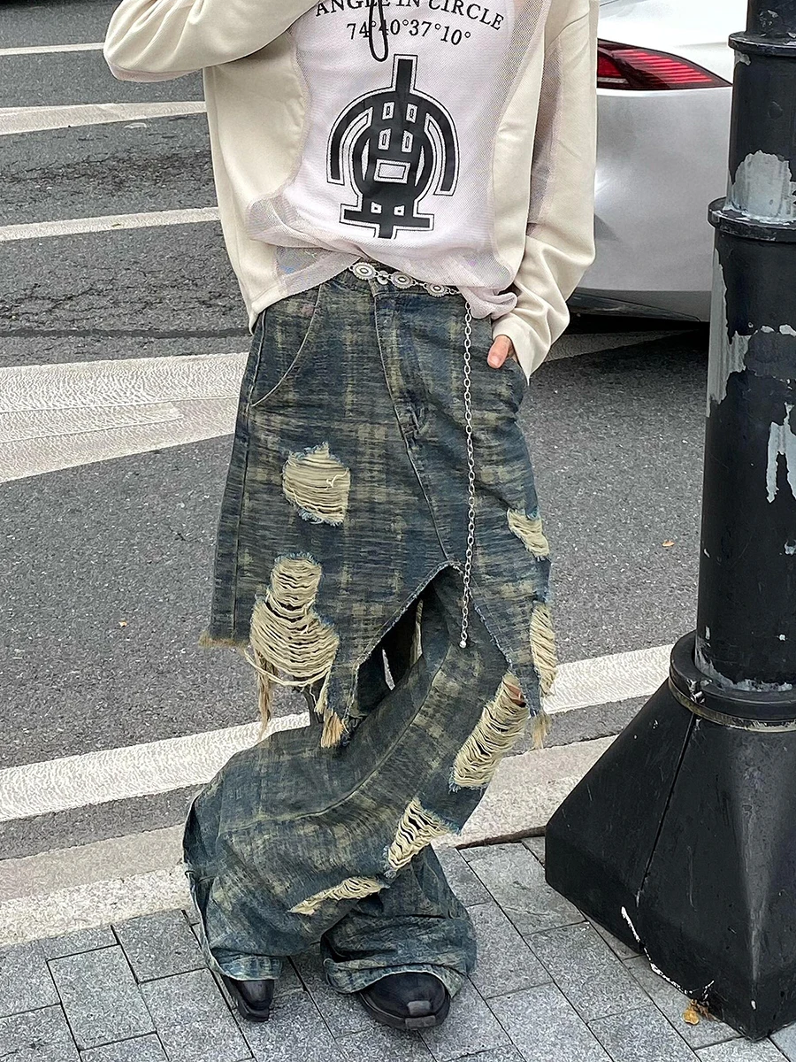 ReddaChic Falso in due pezzi da uomo Jeans larghi Do Old Vintage Tie Dye Distrutto Punto irregolare Bordo grezzo Pantaloni larghi Hiphop Streetwear