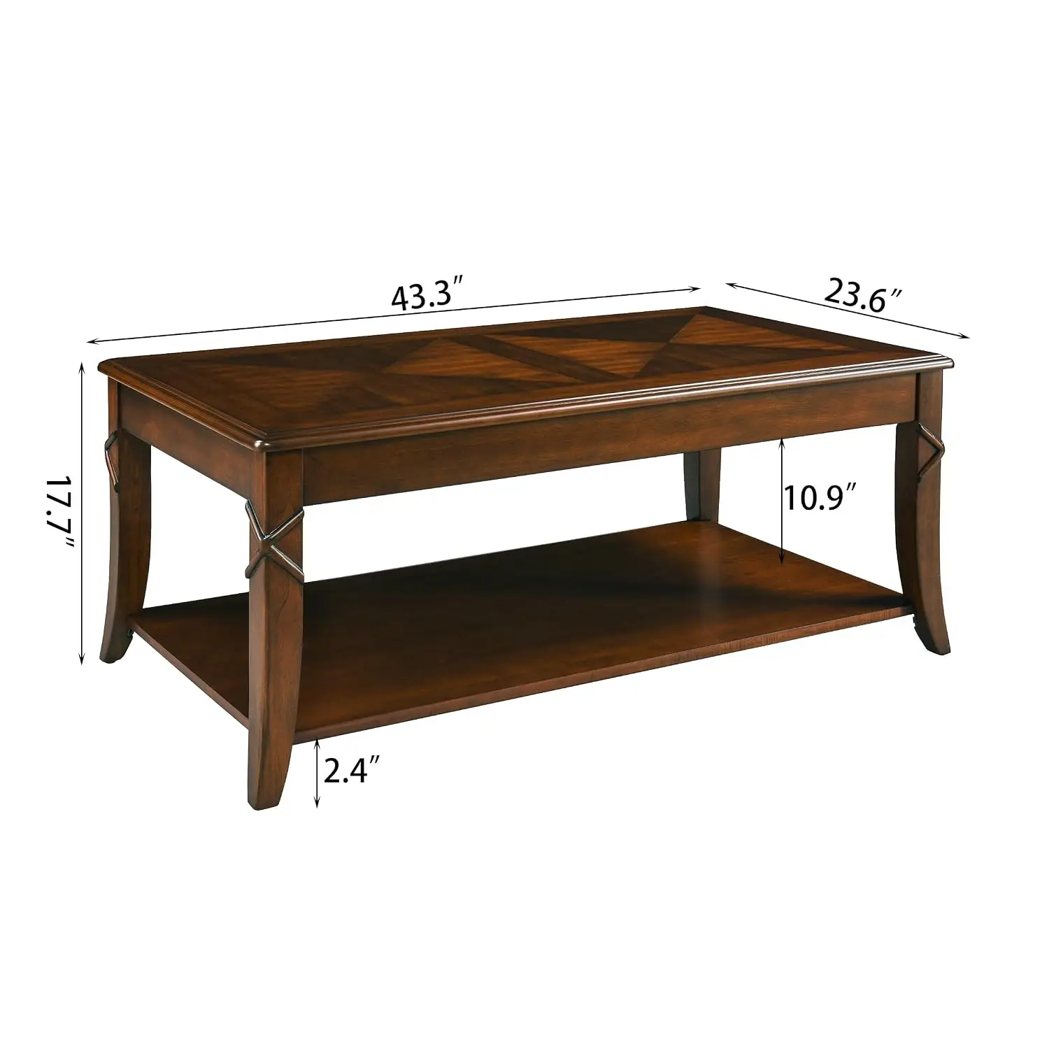 Table with Storage Shelf, Mid-Century Carved Living Room Cocktail Table, 43.3