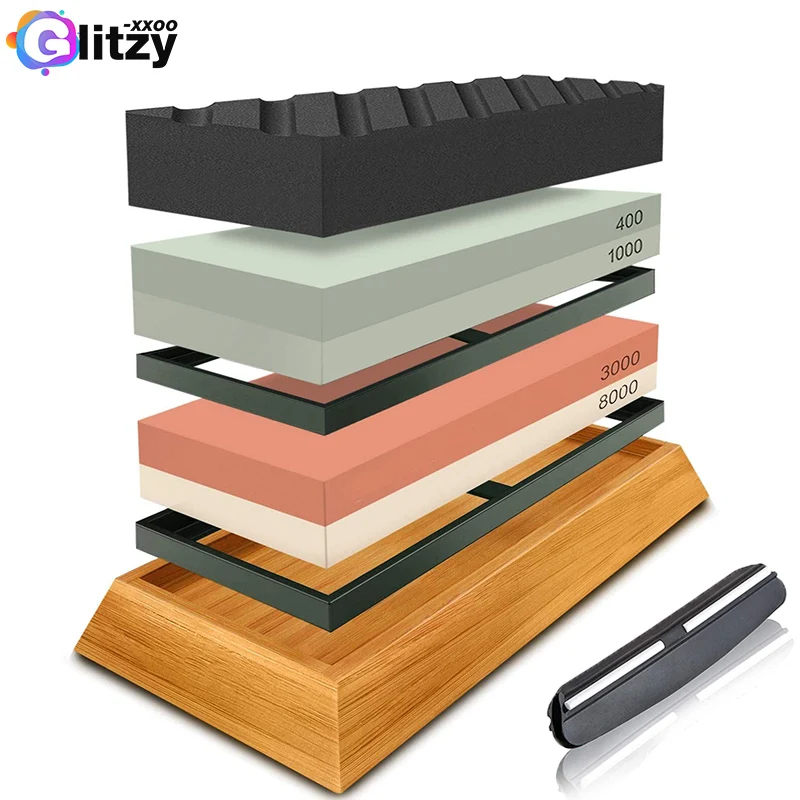 

Knife Sharpener Professional Whetstone Grindstone Dual Side Set Kitchen Grinding with Angle Guide Polishing and Wooden Base Set