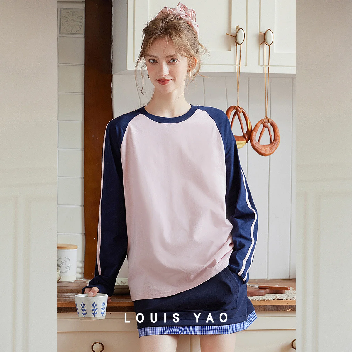 

LOUIS YAO Contrast Colors Ribbed Women's T-Shirt 2025 Spring Autumn Tops Micro-Stretch Round Neck Raglan Sleeve Loose Casual Tee