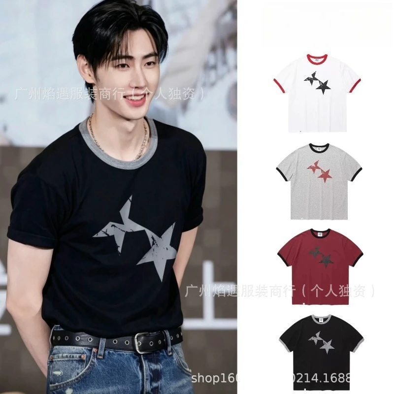 

ENHYPENS Spliced Edge Star Print Short Sleeve T-shirt Unisex Casual Loose Tee for Men and Women Daily Streetwear