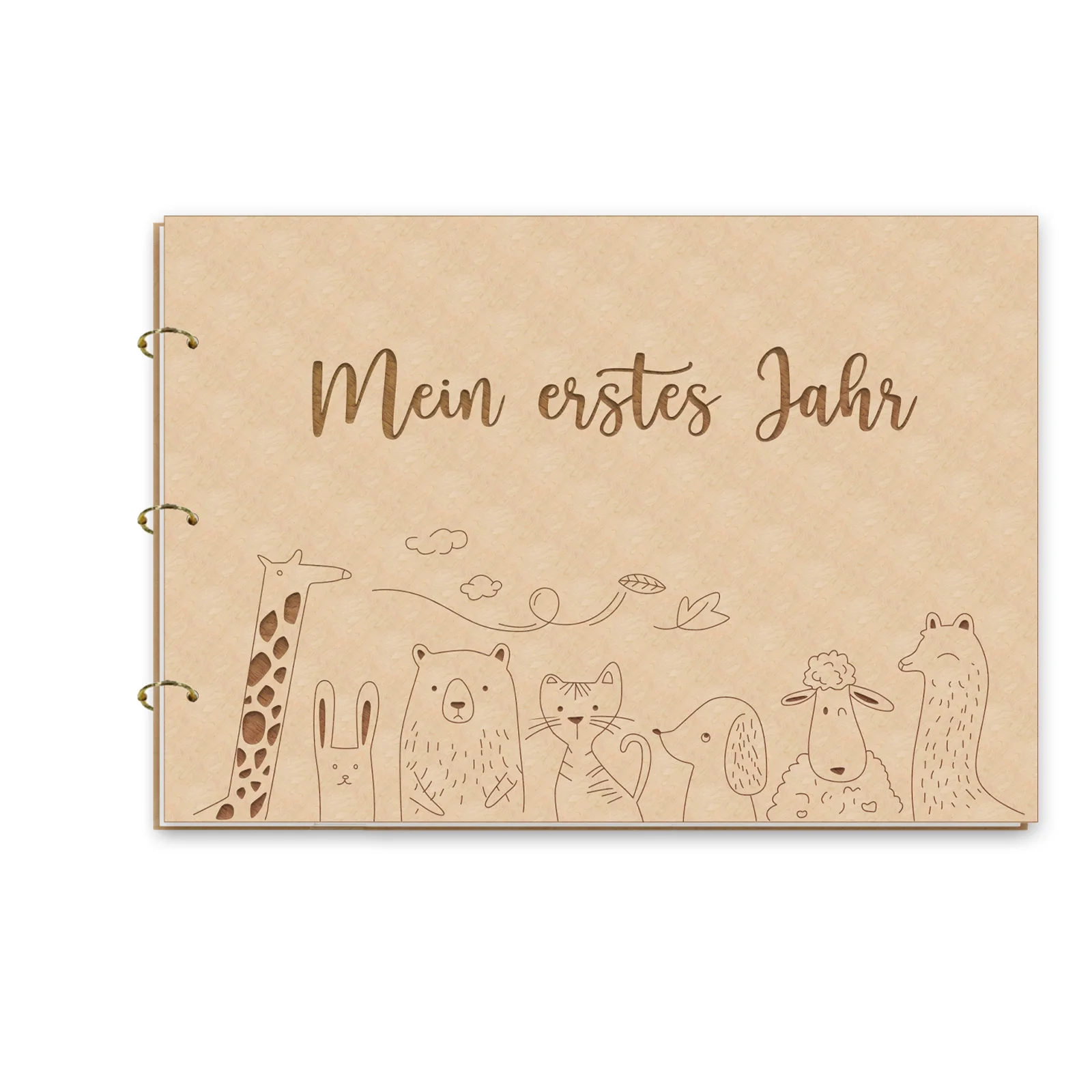 

German "Mein Erstes Jahr" Wooden Baby Album - Safari Animals Memory Book, 20x15cm First Year Scrapbook, Baby Shower Gift