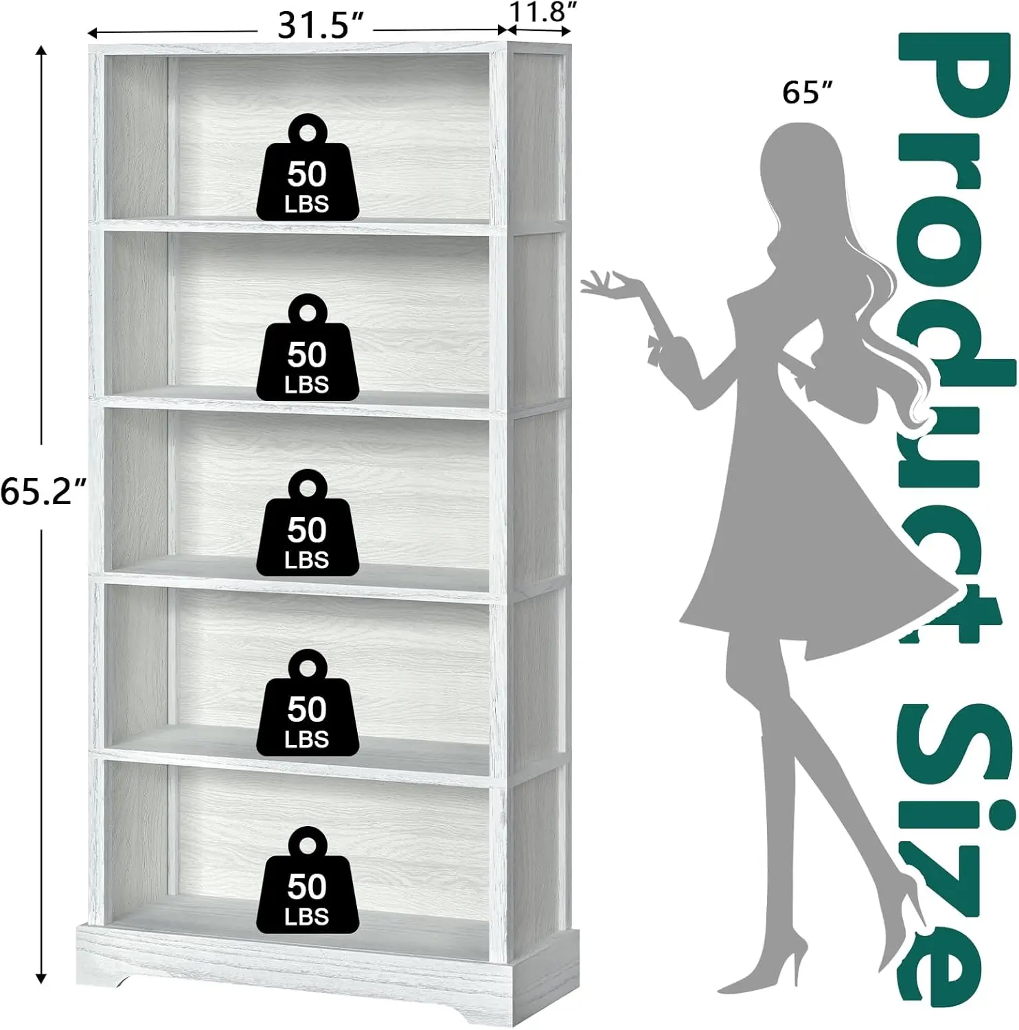

5-Shelf Wood Bookcase, 65 Inch Tall Bookshelf With Storage, Floor Standing Display Book Shelf