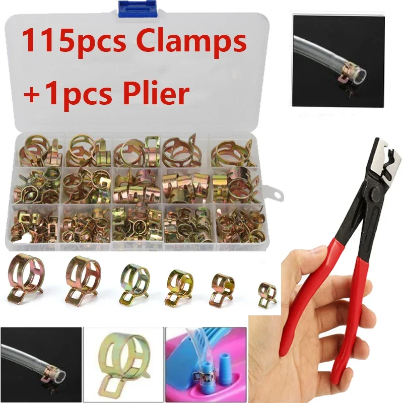 115 PCS Zinc Plated 6-22mm Spring Hose Clamps + 1PC Tube Clamp Plier for Air Tube Band Pipe Clamp Metal Fastener Assortment Kit