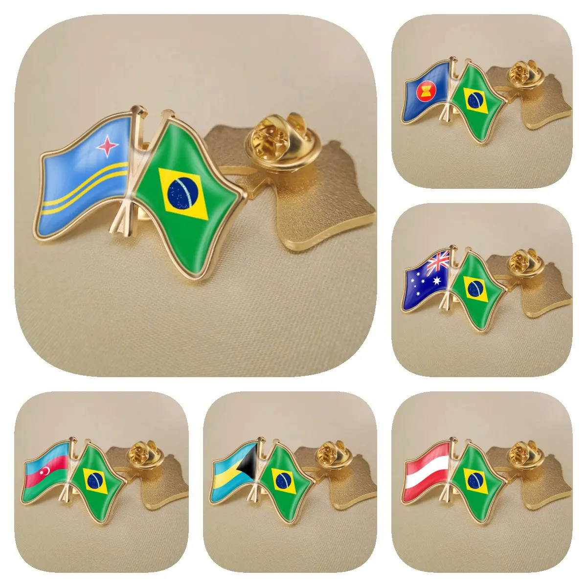 Brazil and Aruba ASEAN Association Australia Austria Azerbaijan Bahamas Crossed Friendship Flags Brooches Lapel Pins Bradges