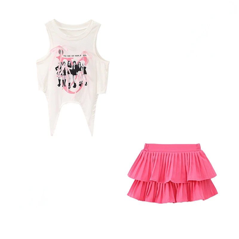 Girls Jazz Dance Costume Kids Cheerleading Performance Practice Clothes White Tops Pink Skirt Teenagers Hip Hop Dance Outfits
