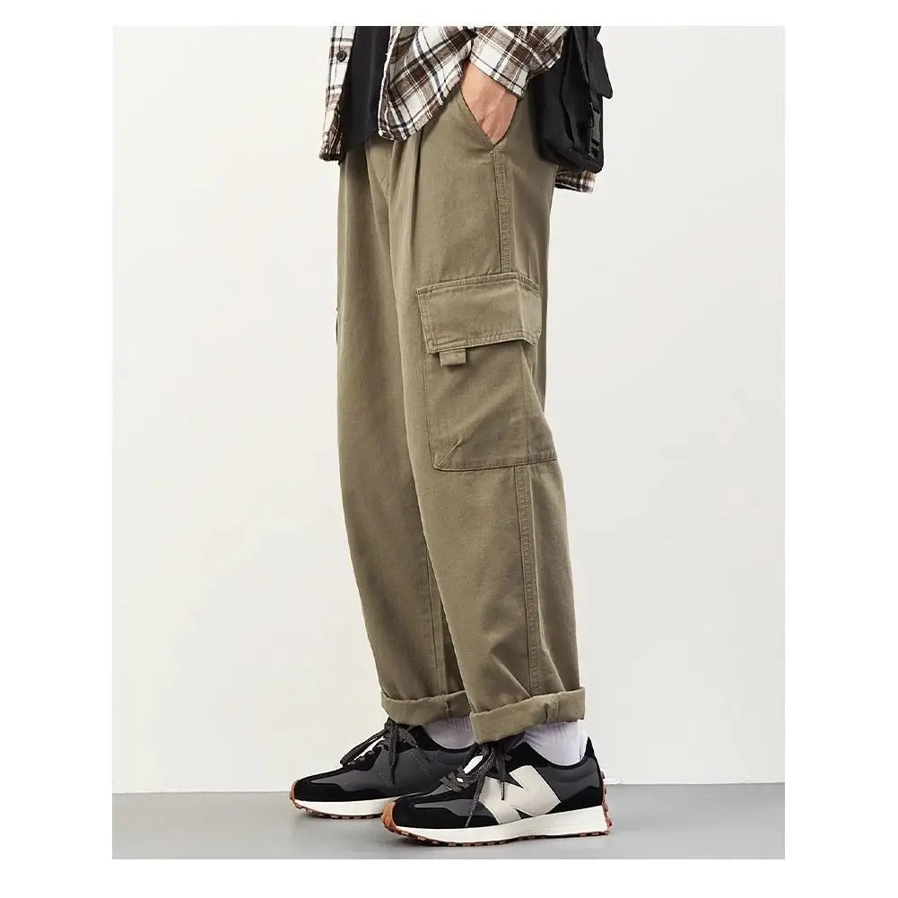 Primavera outono estilo japonês cor sólida multi-bolso calças de trabalho masculino retro solto algodão em linha reta perna larga casual