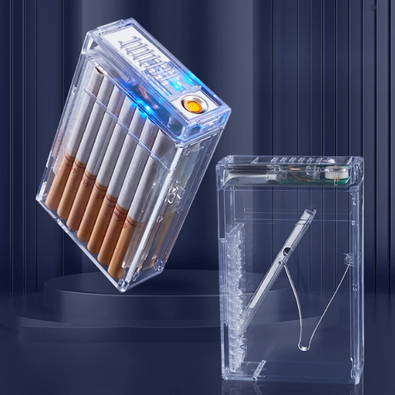 New Transparent Cigarette Case with Lighter All-in-one Machine 20 Standard Cigarettes Creative Windproof Cigarette Lighter