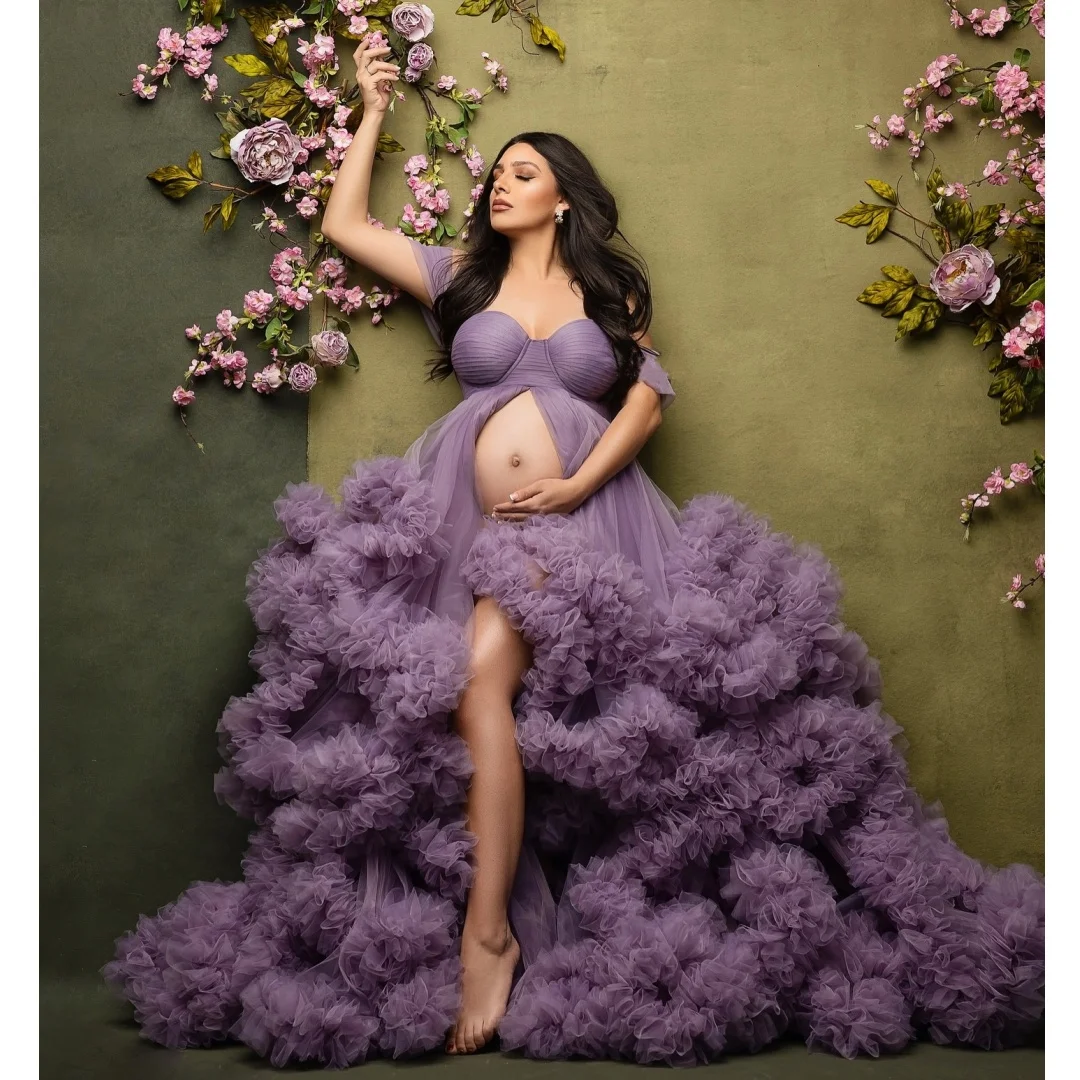 

Lavender Purple Prom Dresses Slit Empire Waist Maternity Photoshoot Dress Customized Layers vestido de novia Photography Props
