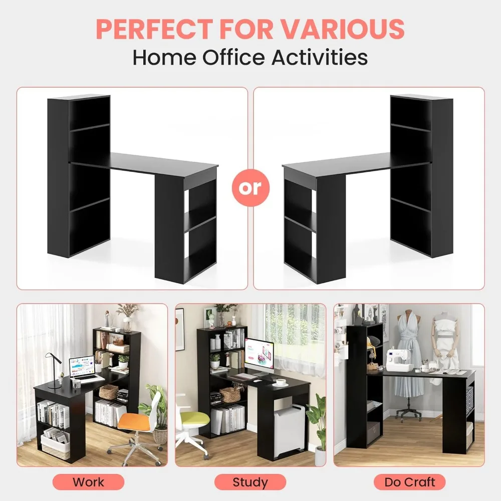 Compact Reversible Computer Desk 48 Inch with Storage Shelves, Bookshelf, and CPU Stand for Study and Writing