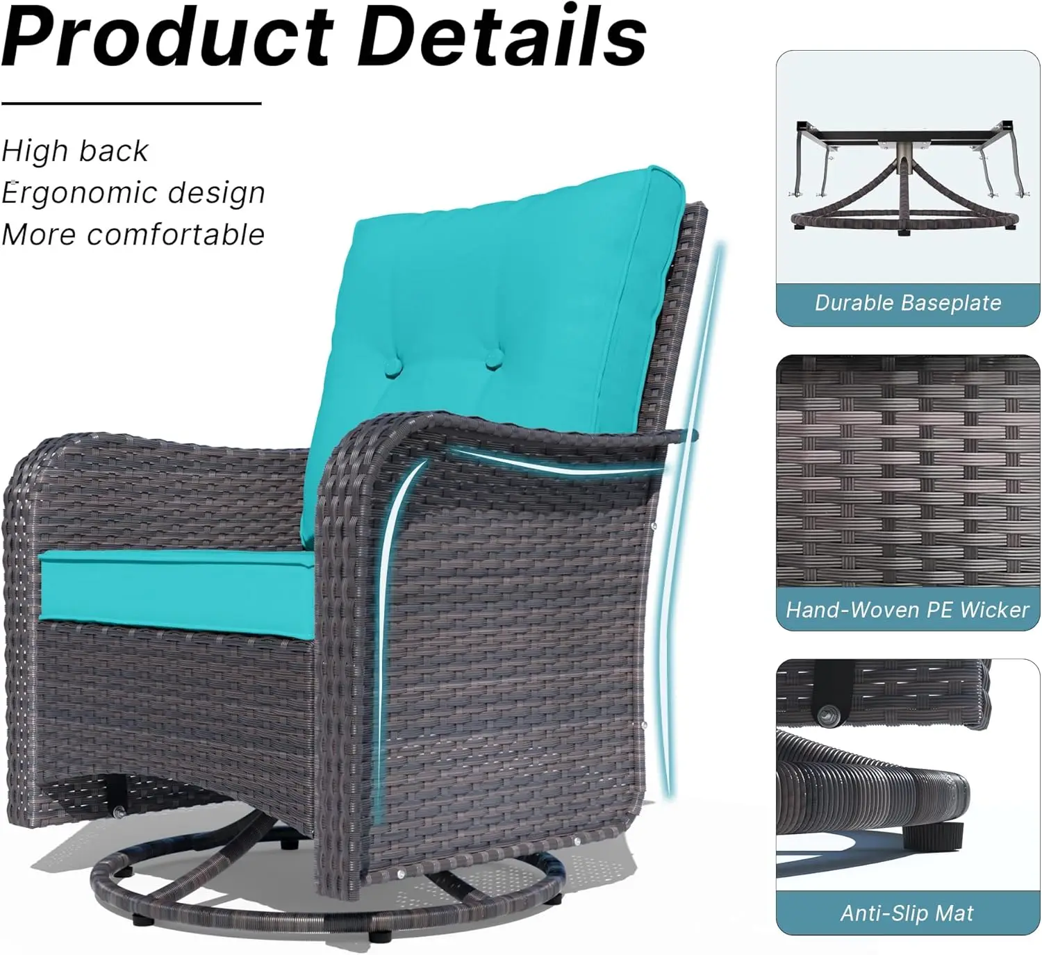 Outdoor Rattan Rocker Furniture Set, Gliders giratórios, Pátio de vime, Bistro Set, Rattan Rochair com vidro temperado lateral, 3 pcs