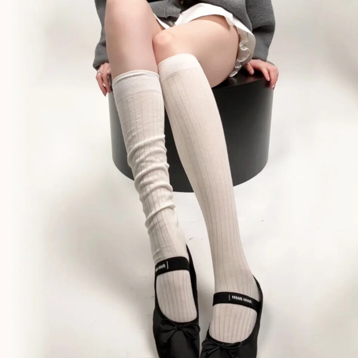 Cotton breathable vertical striped socks for women summer Korean style slim high socks solid color simple calf socks