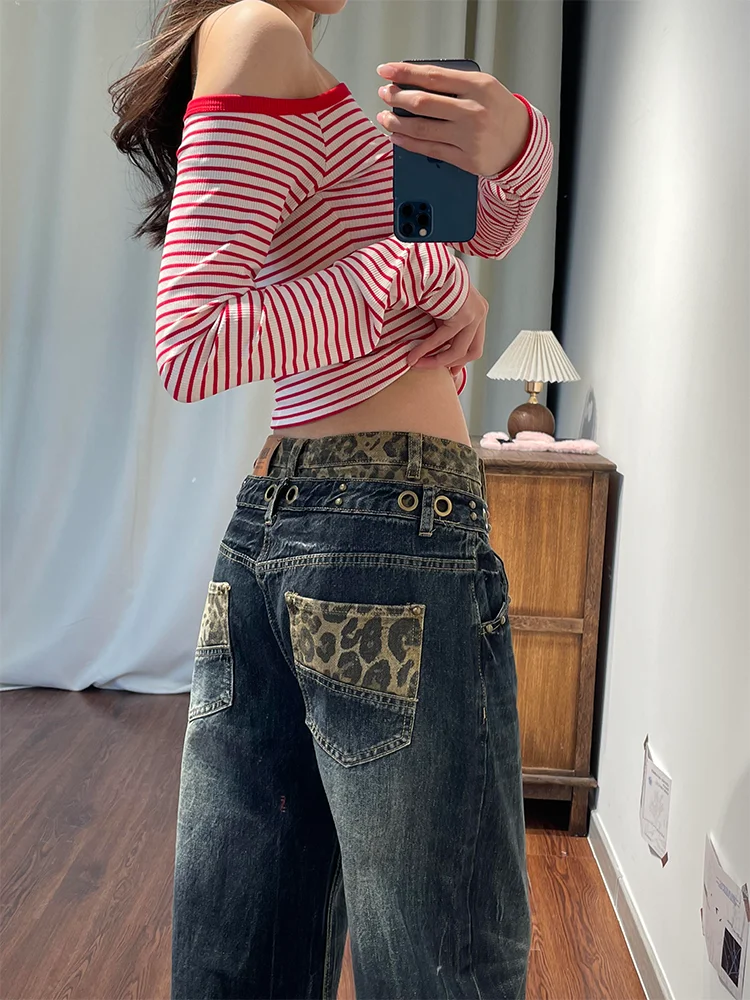 

Trendy American Retro Splicing Leopard Print High Waist Wide Leg Jeans Women Casual Fashion Drapey Loose Fit Denim Pants