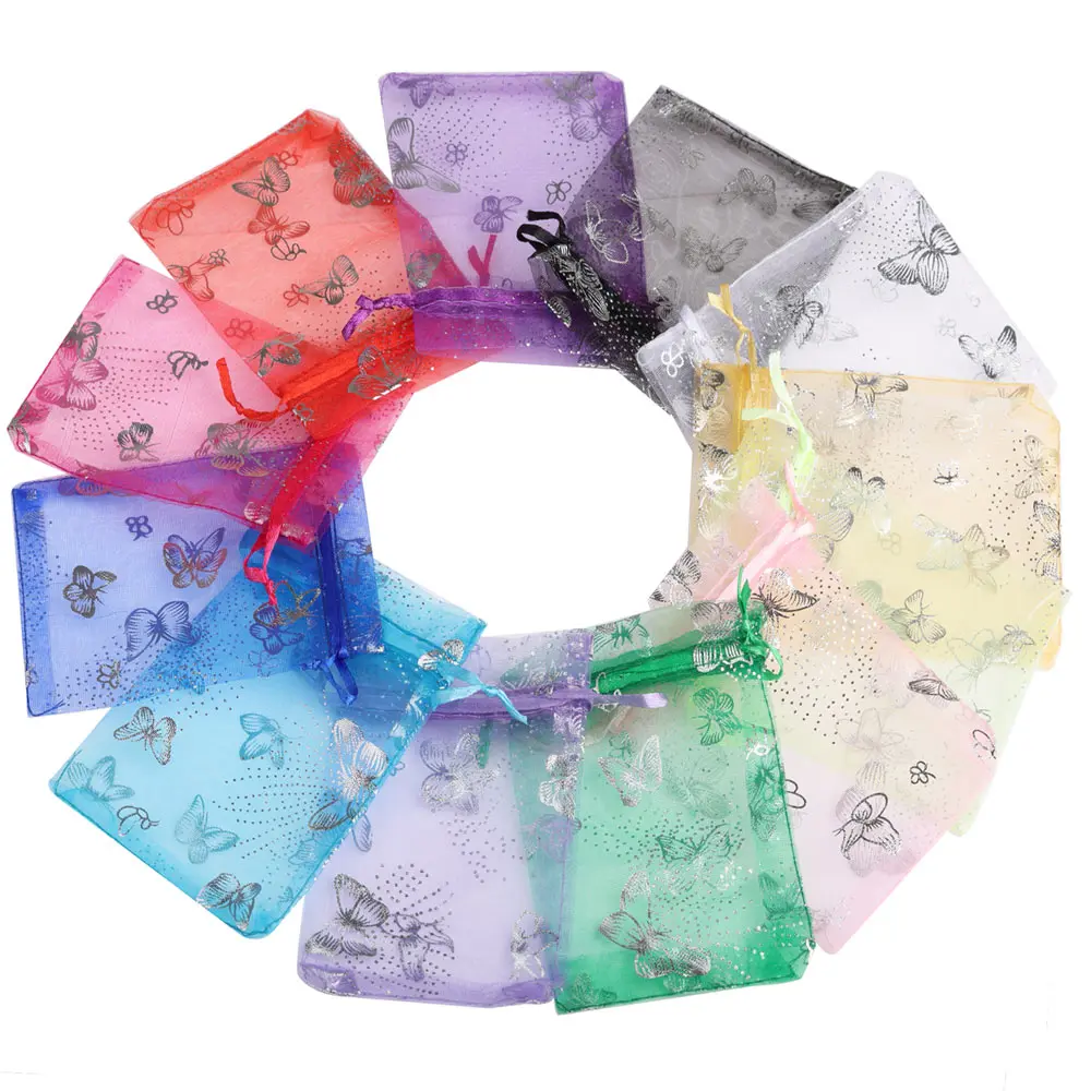 25/50pcs 12 Colors Butterfly Organza Gift Bags 7x9cm 9x12cm 13x18cm Jewelry Bags Candy Packaging Bags Drawstring Pouch