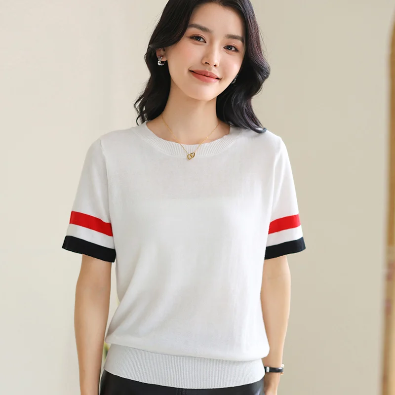 

Женская футболка из 100% хлопка с коротким рукавом и круглым вырезом, вязаная, летняя, модная, тонкая, хит продаж, повседневный топ для женщин