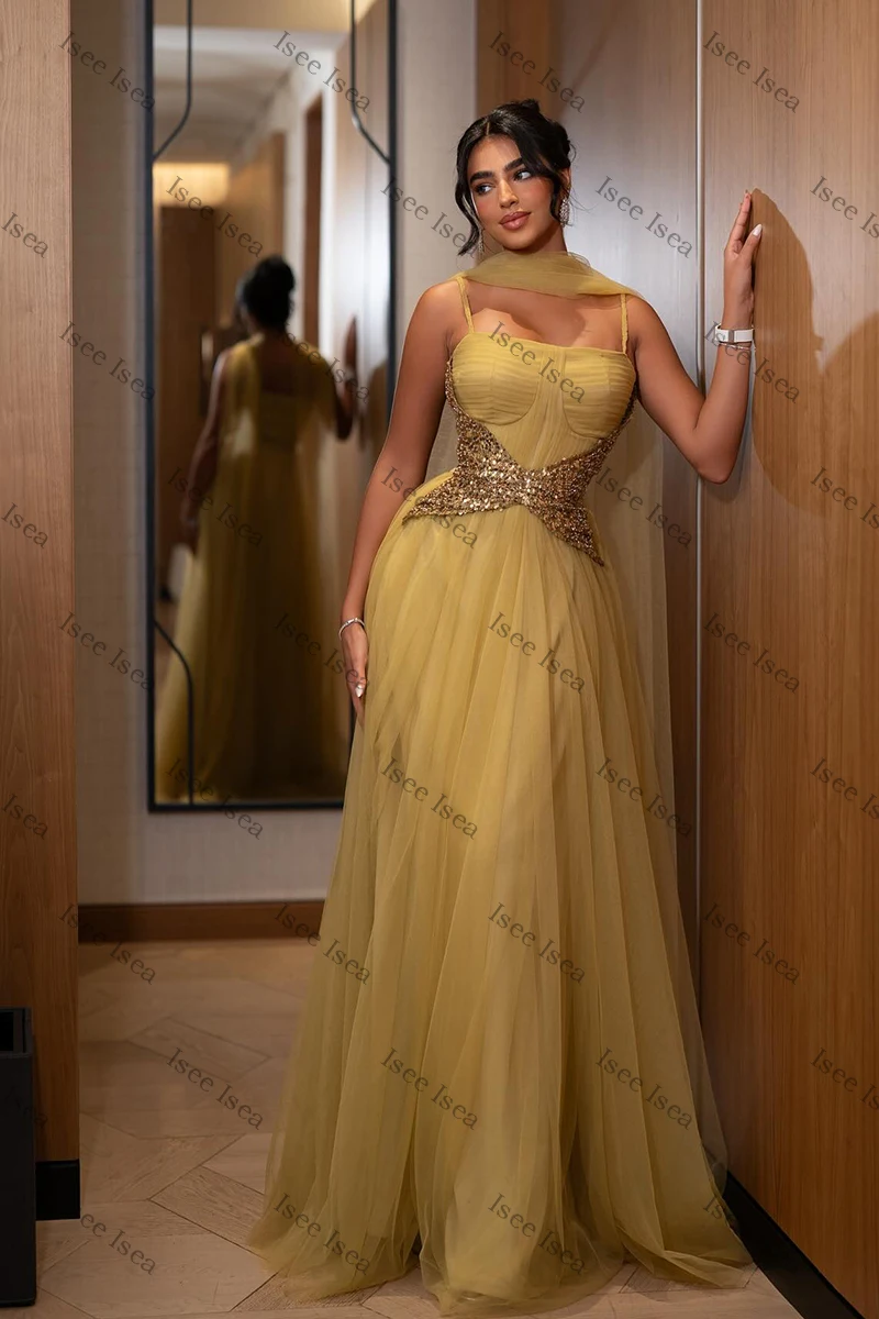 ชุดราตรีสีเหลือง 2025 ผ้าทูลล์วิบวับ ทรงเมอร์เมด ประดับคริสตัล สายเดี่ยว ชุดราตรีงานพรอม คอเหลี่ยม ชุดไปงานแต่งงาน สามารถสั่งตัดได้