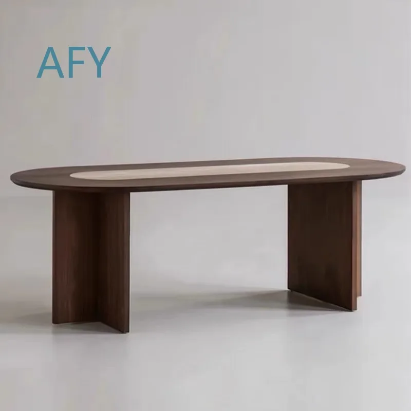 Solid Wood Dining Table for Rustic Wabi Sabi Minimalist Mid Century Oval Vintage Designer Walnut Color Concrete Hole Home
