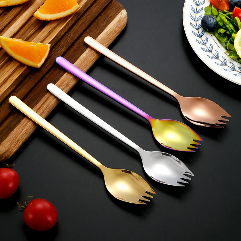 6/10pcs Stainless Steel Sporks 2 In 1 Silver Spork Spoon Fork Noodle Fruit Salad Fork Soup Dessert Spoon Home Kitchen Tableware