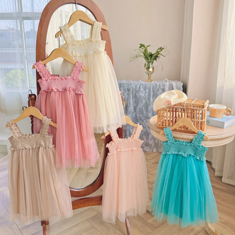 

Fungus Lace Sweet Mesh Girls' Dress Summer Style Gathered Children's Strap Dress Princess Dress Puffy Dress