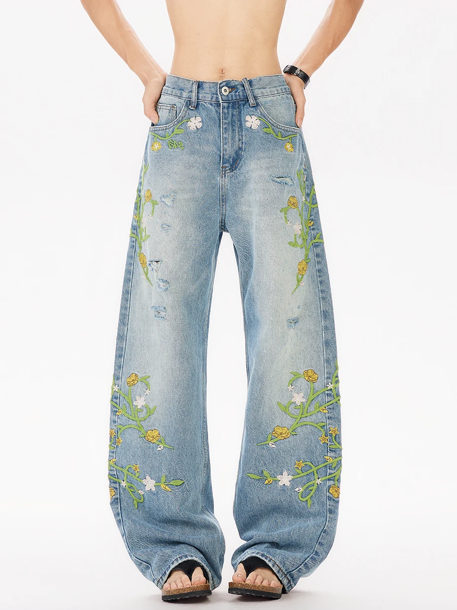 

Retro American Street Floral Embroidery Jeans Men Women Casual Straight Leg Pants Comfortable Fit mid Waist Long Trousers