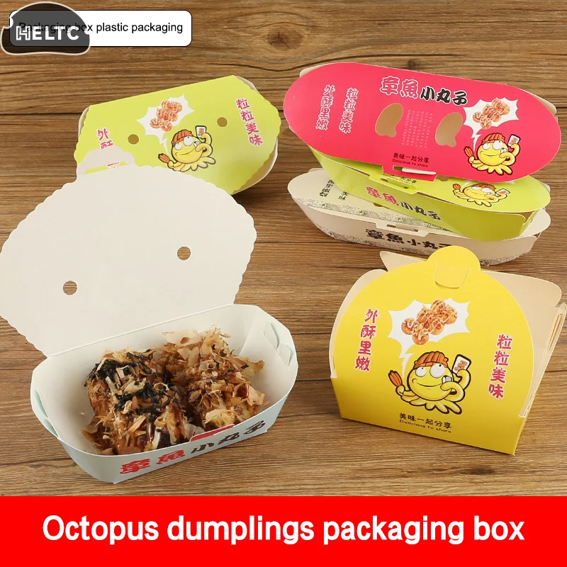 Caja de embalaje de bolas de pulpo de dibujos animados desechables de papel, comida callejera japonesa, Takoyaki, contenedor de embalaje para aperitivos para llevar, 100 Uds.