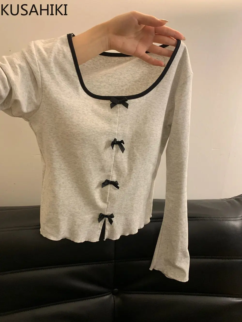 KUSAHIKI Bow Square Collar Long Sleeve T-shirts Women Base Fashion Slim Short Tees 2024 Spring Korean New Spicy Girl Y2k Tops