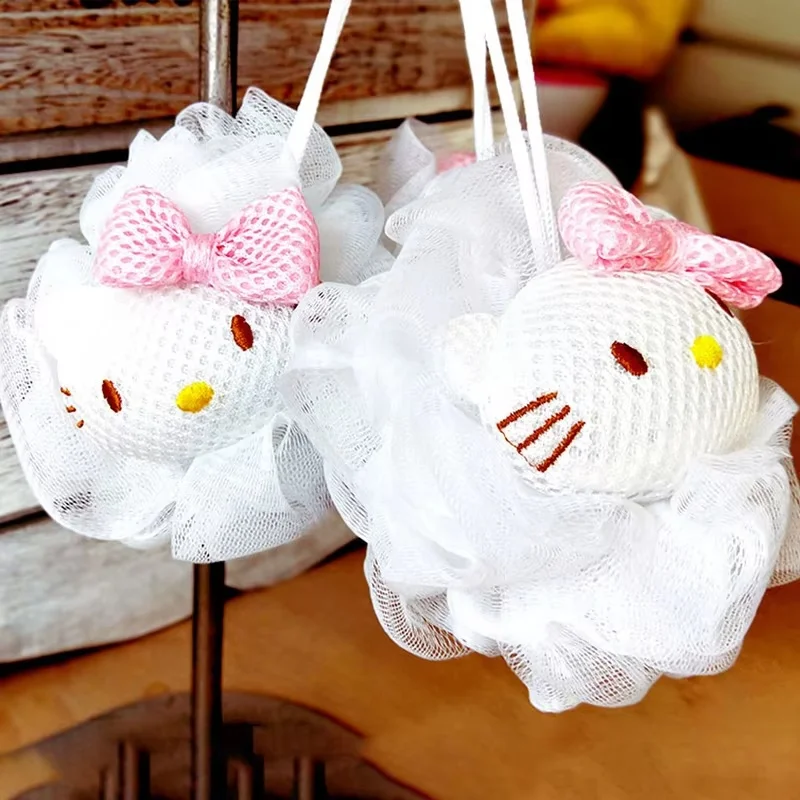 سانريو-مرحبا كيتي حمام زهرة للفتيات ، لطيف أبيض ، وردي ، لحني ، كرة استحمام كبيرة ، الاستحمام فرك الظهر ، دمية كرتون كاواي ، جديد