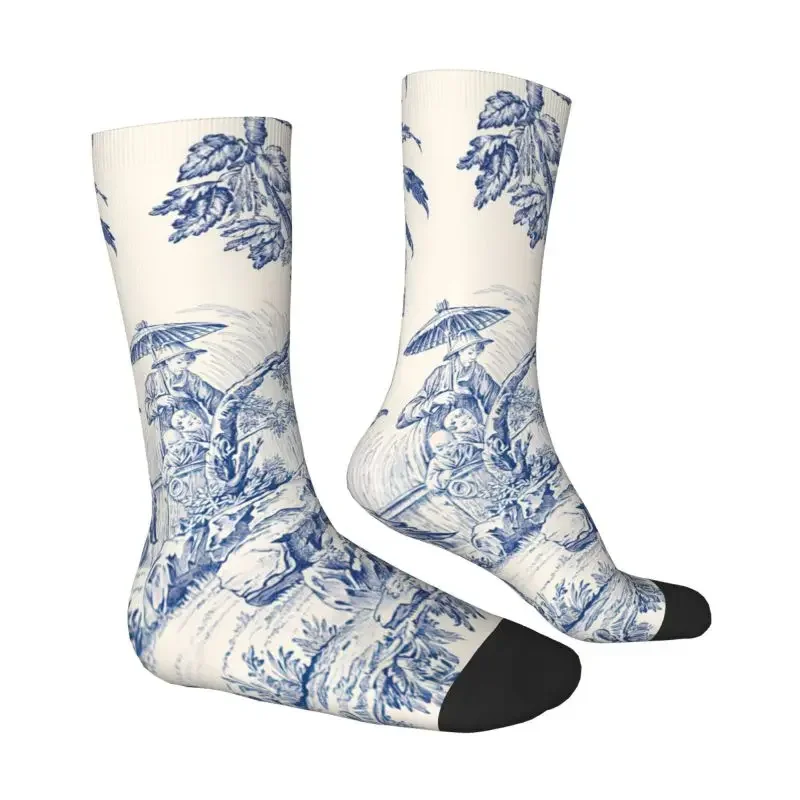 Classic French Toile De Jouy Navy Blue Motif Pattern Men Women Male Crew Socks Funny Spring Summer Autumn Winter Dress Sock