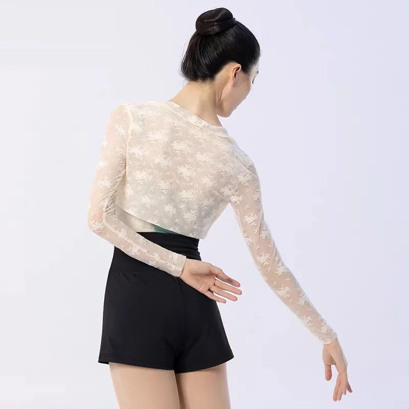 Adult Ballerina Beige White Black Elastic Floral Lace Modern Latin Ballet Dance Practice Leotard T Shirt Crop Top Thin Coat