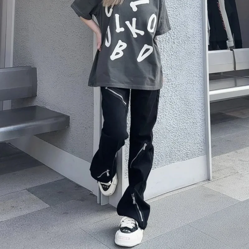 Women's Zipper Decorations Hip Hop Black Thin Trousers Cool Girl Street Fashion Bottoms Female High Waist Straight Unisex Pants