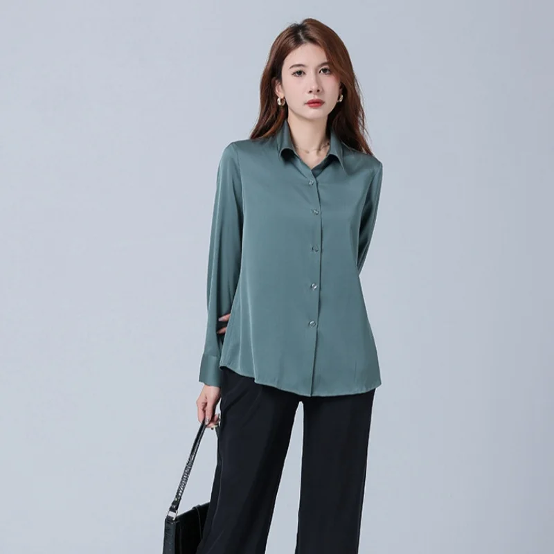 Birdtree, 93 % Maulbeerseide, 7 % Elasthan, solide Bluse, Damen-Revers-Freizeitoberteile, Hemd mit langen Ärmeln, einreihig, 2025 neu T5D622JF